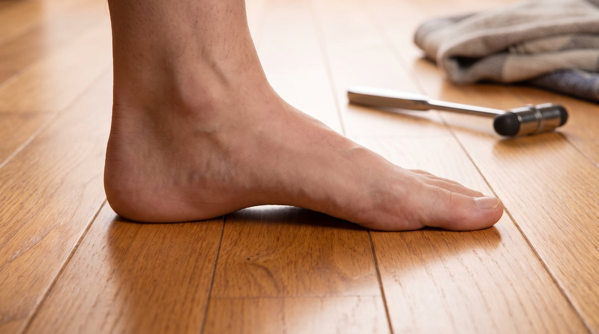 Bare foot showing high arch on warm wooden floor — best insoles for high arches