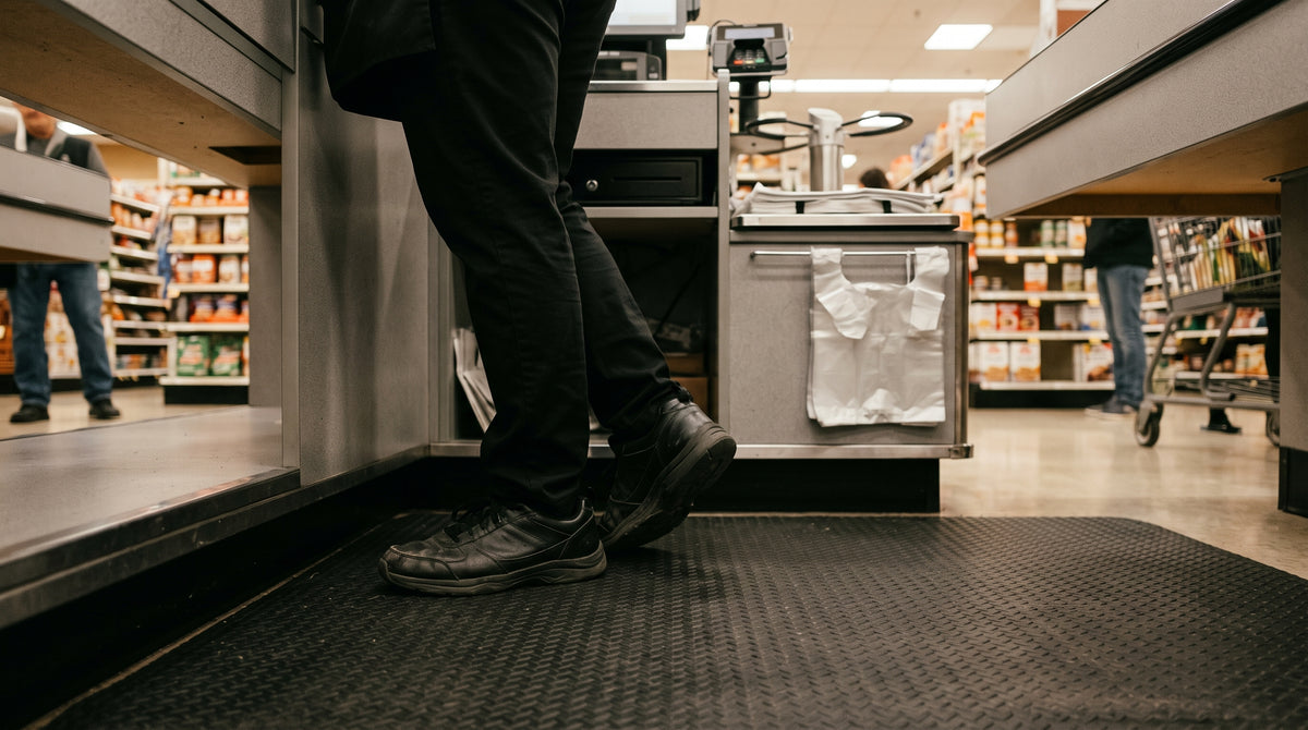 Cashier's feet standing behind a checkout counter