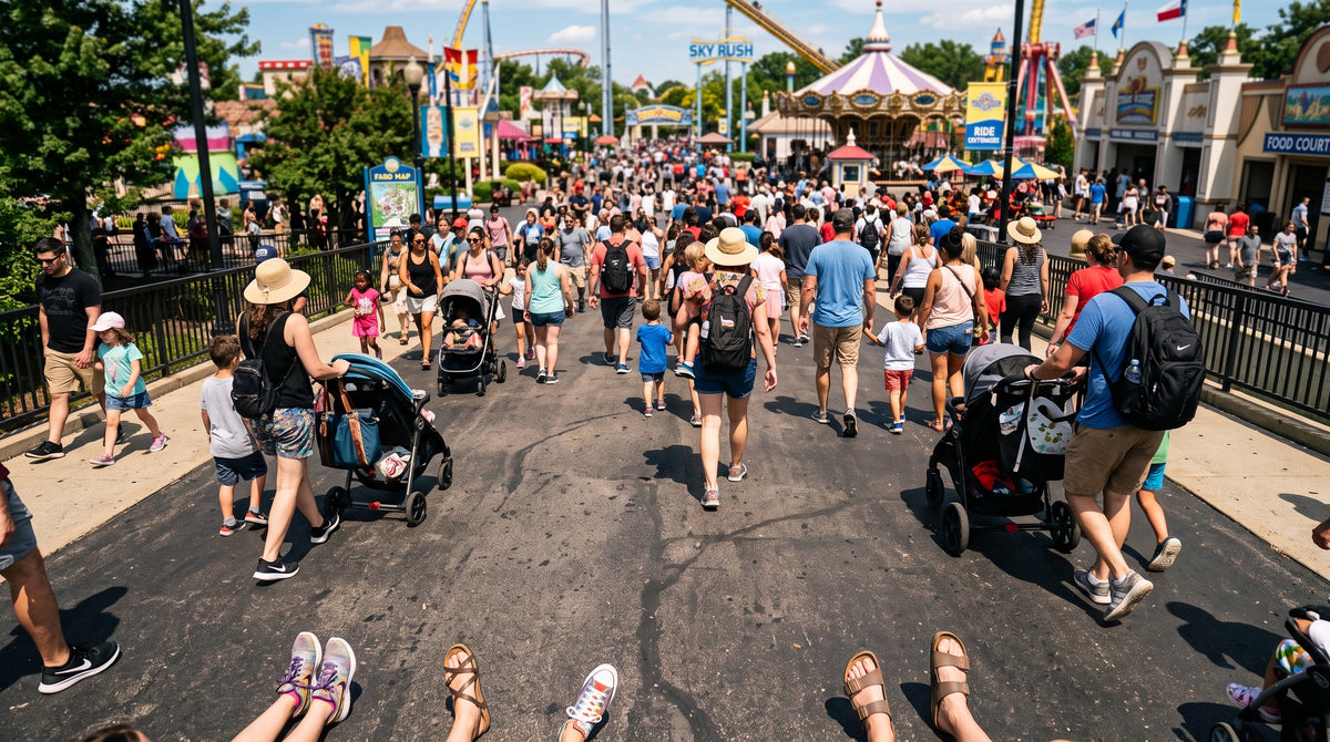 Crowded theme park walkway with families walking on hot asphalt — sneakers and sandals, rides in soft-focus background