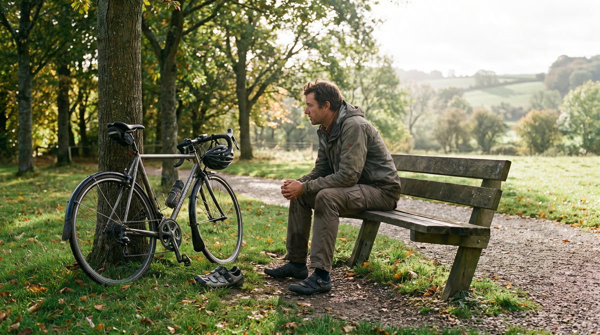 Cyclist sitting on a bench with the bike and cycling shoes beside them, wide shot, morning light
