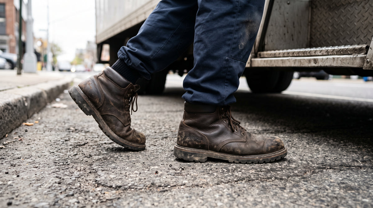 Delivery driver's shoes stepping onto pavement