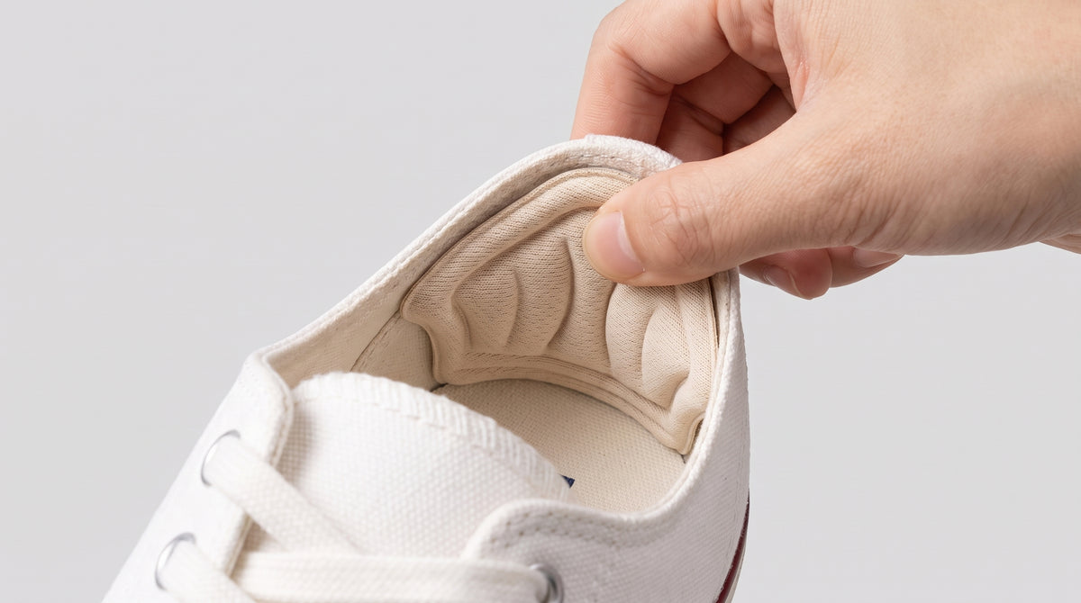 Hand pressing beige heel grip pad into white sneaker heel counter — best heel grips for shoes