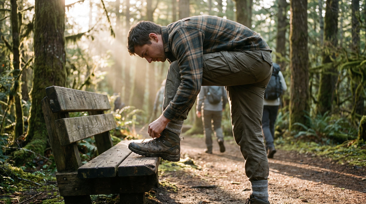 Hiker tightening boot laces on a wooden trail bench, full body, morning forest light