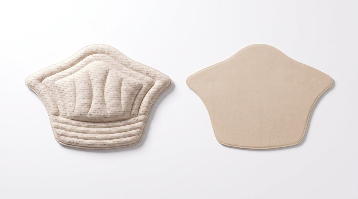 KANEEA beige heel grip pad next to Dr Scholl's heel liner — anti-slip performance comparison