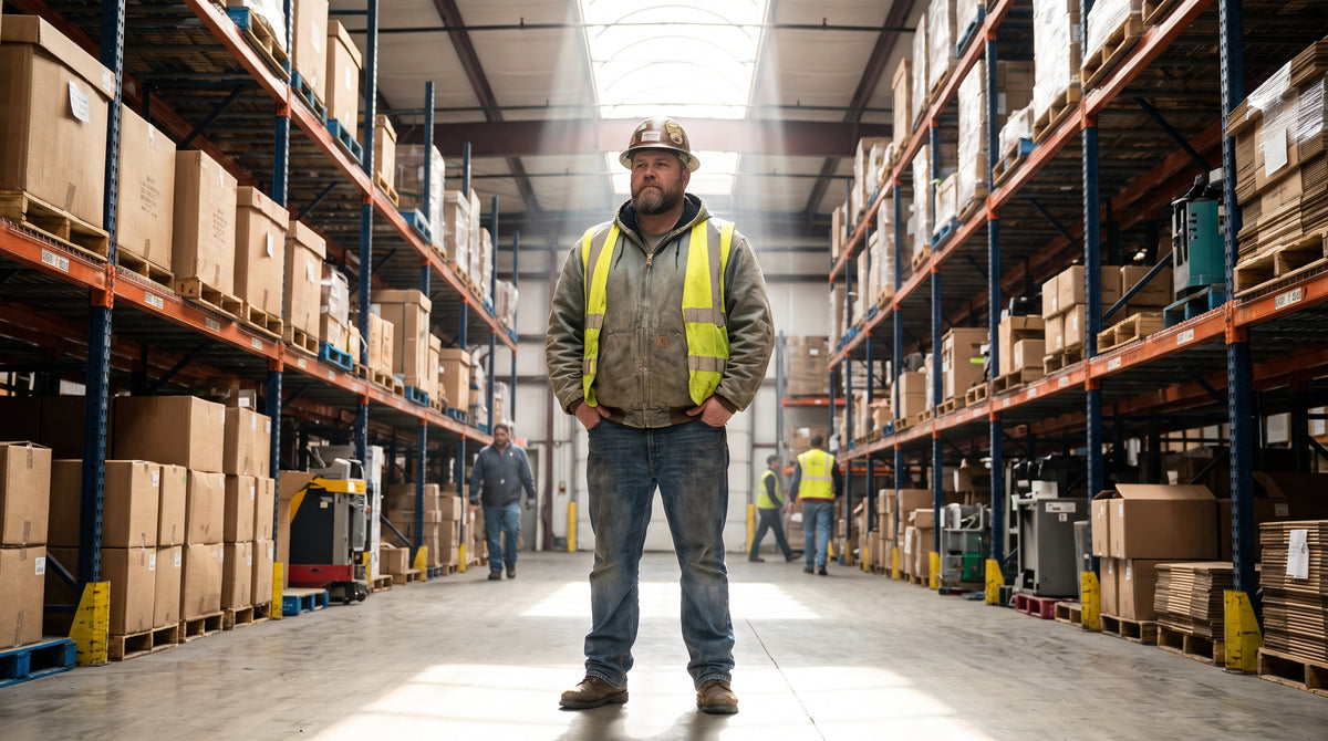 Man in work clothes and a safety vest standing in a warehouse aisle
