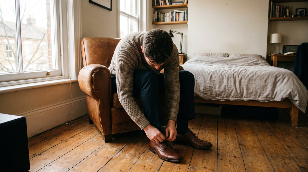 Man seated in an armchair tying a dress shoe