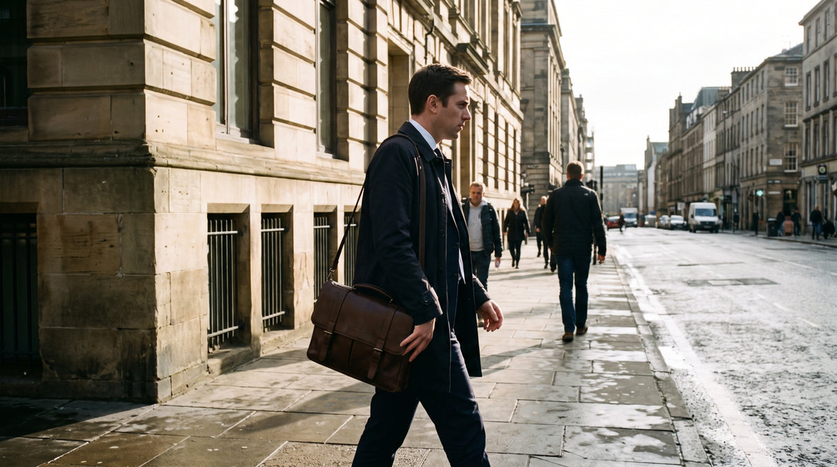 Man in a suit walking along a city sidewalk