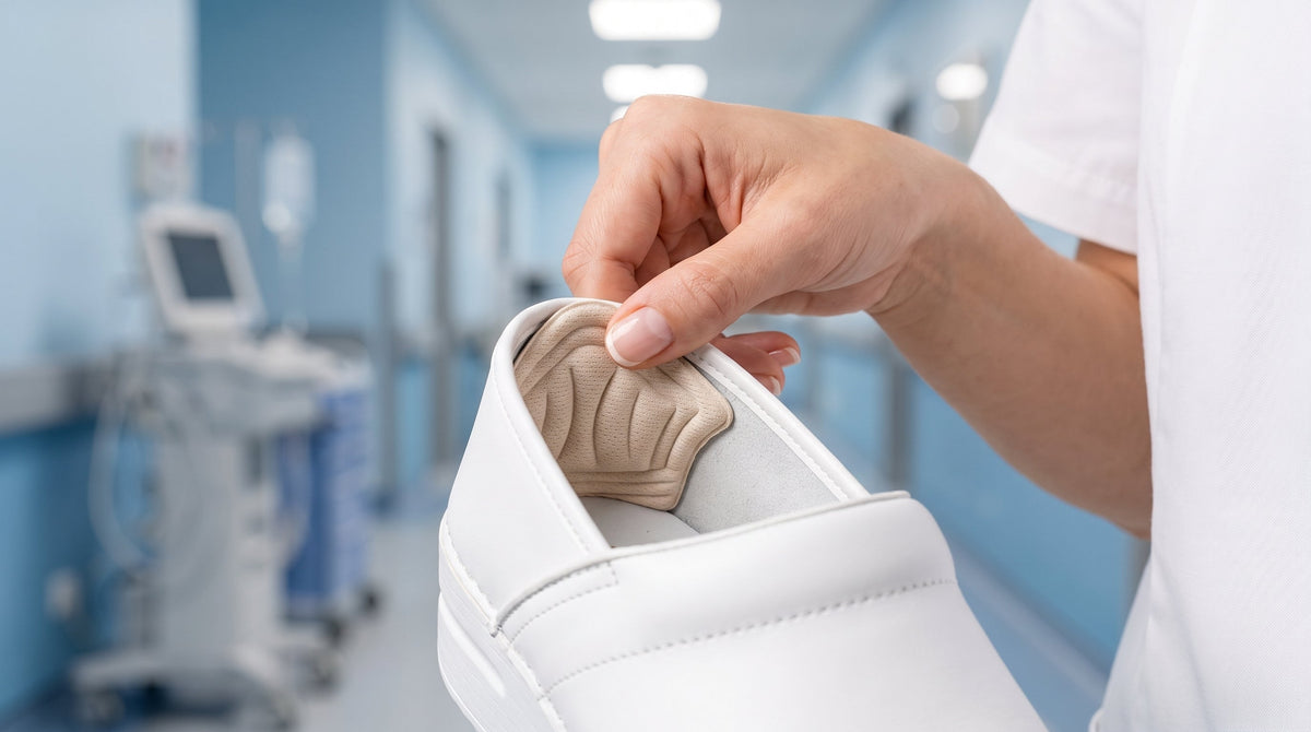 KANEEA anti-slip heel grip liner inside white nursing shoe — stop heel slipping on long hospital shifts