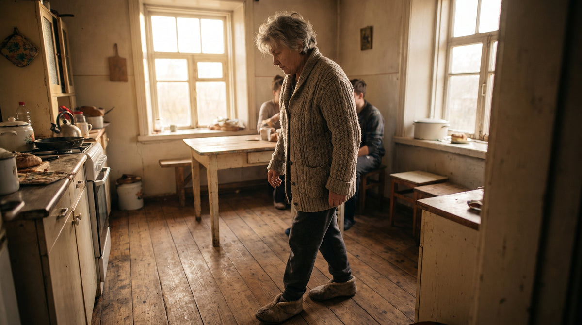 Older adult walking across a wooden kitchen floor in slippers