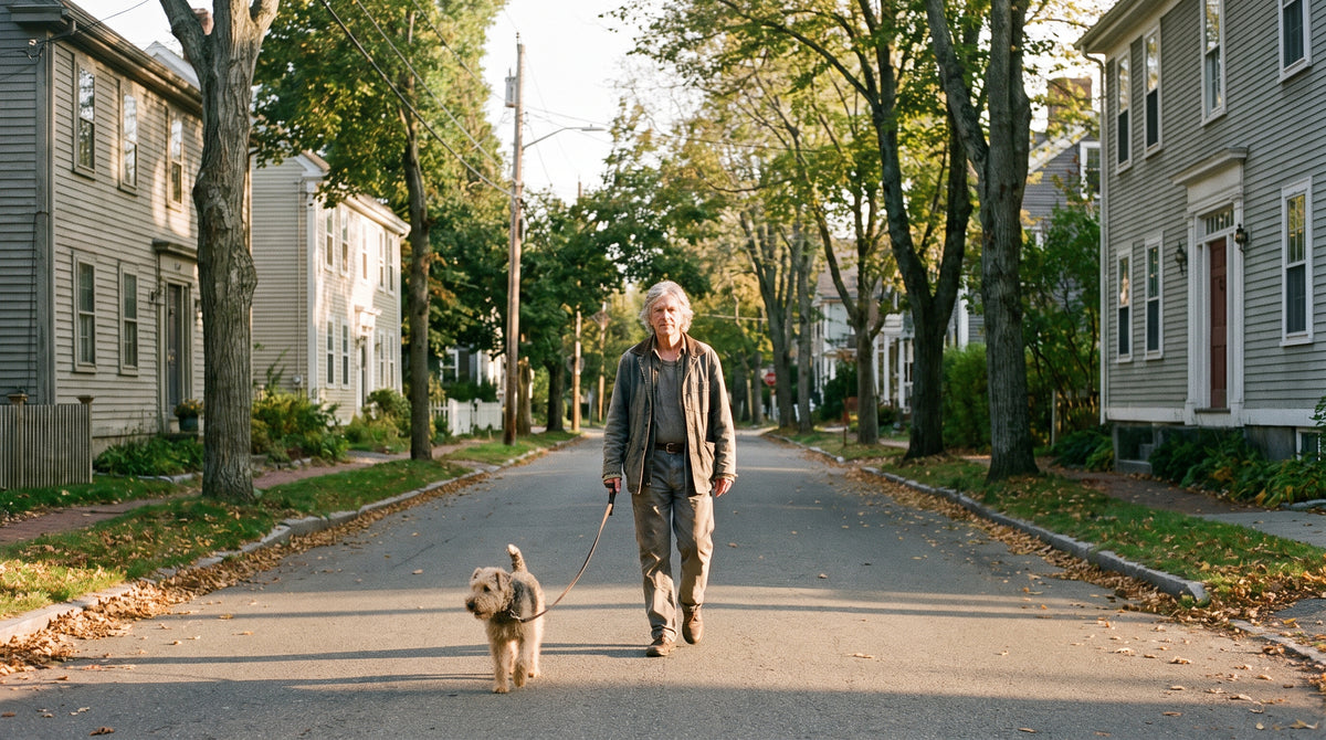 Older adult walking a small dog on a quiet residential street