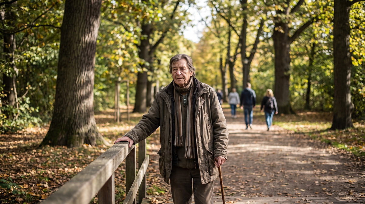 Older person walking on a tree-lined park path with a hand on a railing