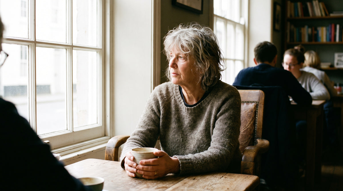 Older woman seated at a table by a window holding a cup of tea