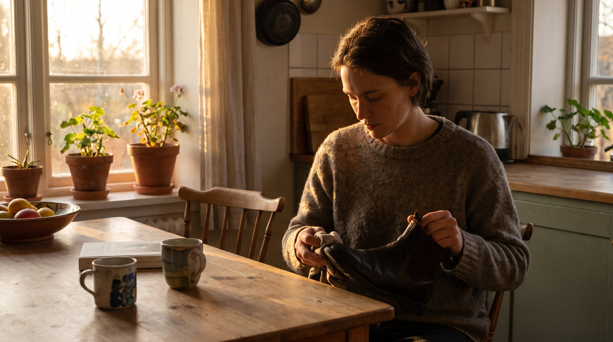 Person seated at a kitchen table holding a shoe and a cloth, upper body and hands, warm indoor light