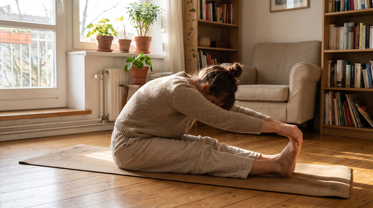 Person on a yoga mat at home doing a seated toe stretch, fully clothed, wide shot, bright living room