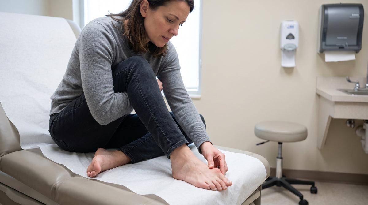 Person examining their bare foot resting on a table