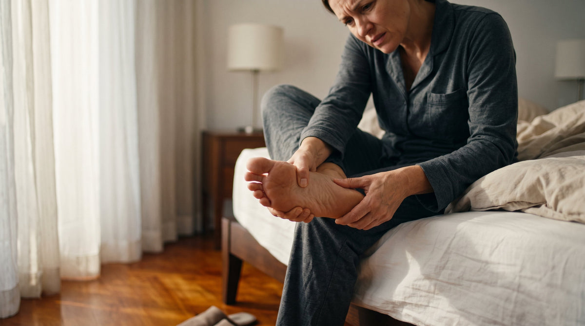 Person in their 40s gripping bare heel in pain on edge of bed at morning — plantar fasciitis after 40
