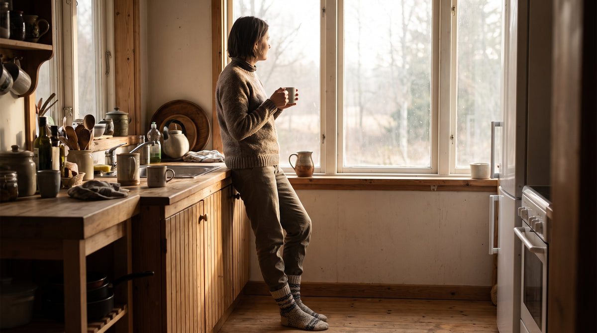 Person in socks standing at a kitchen counter holding coffee