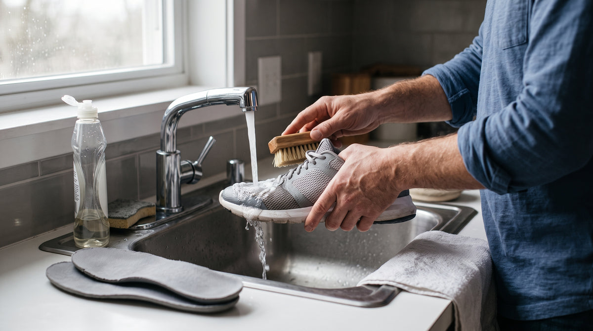 Person holding a sneaker over a sink, preparing to wash it