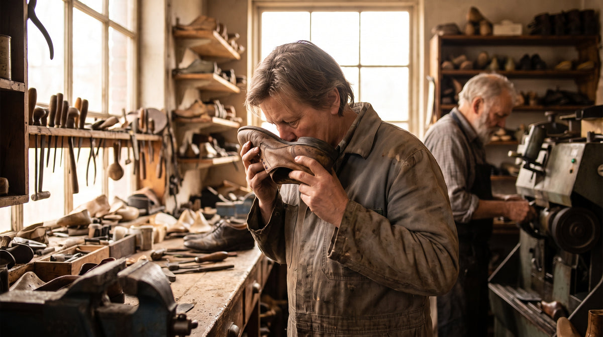 Person inspecting the inside of a leather shoe at a shoe repair workshop counter