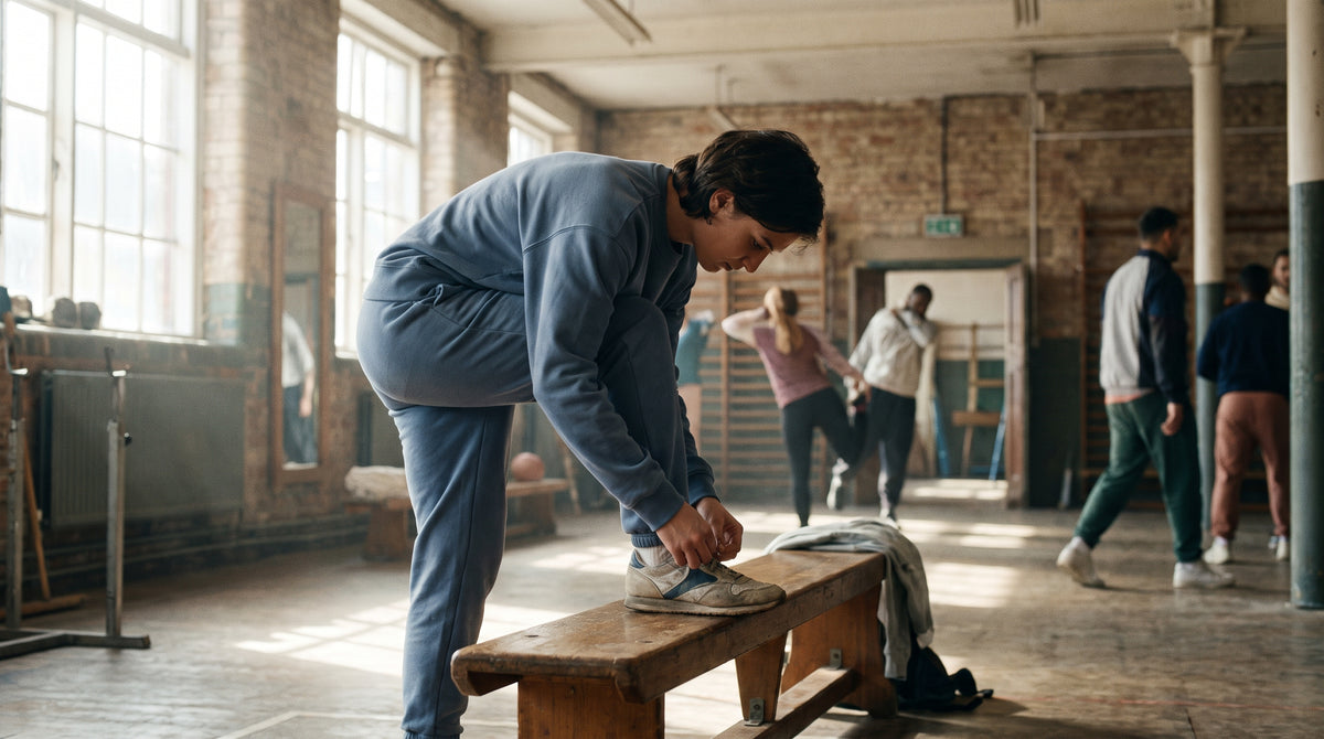 Person lacing a trainer while seated on a gym bench