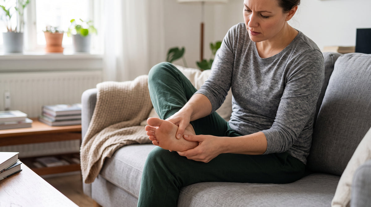 Person pressing on their own foot, indicating foot pain