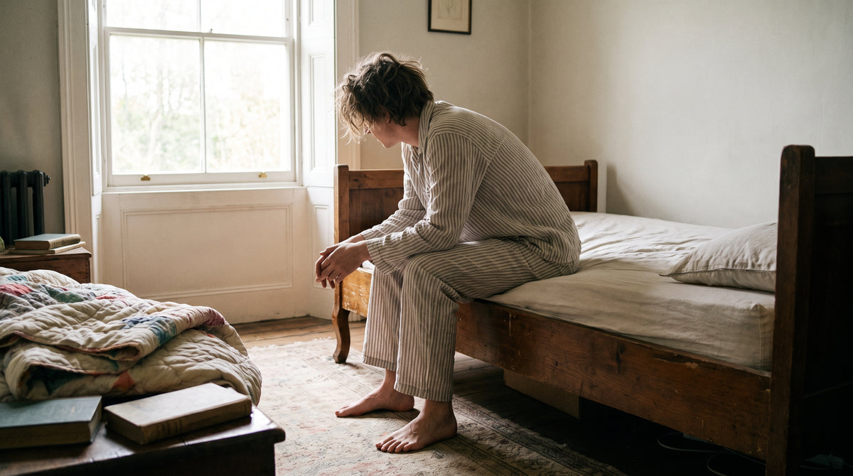 Person in pyjamas sitting on the edge of a bed in the morning