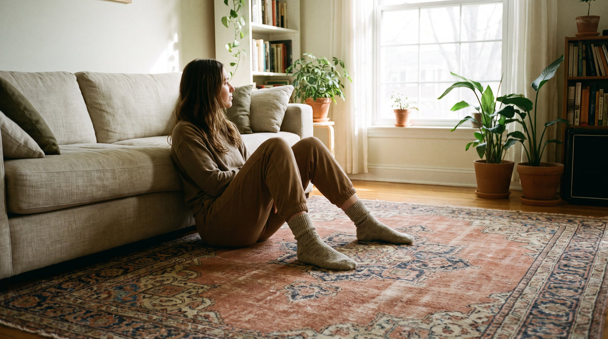 Person sitting on a living-room rug leaning against a sofa in socks, relaxed, wide shot, bright daylight