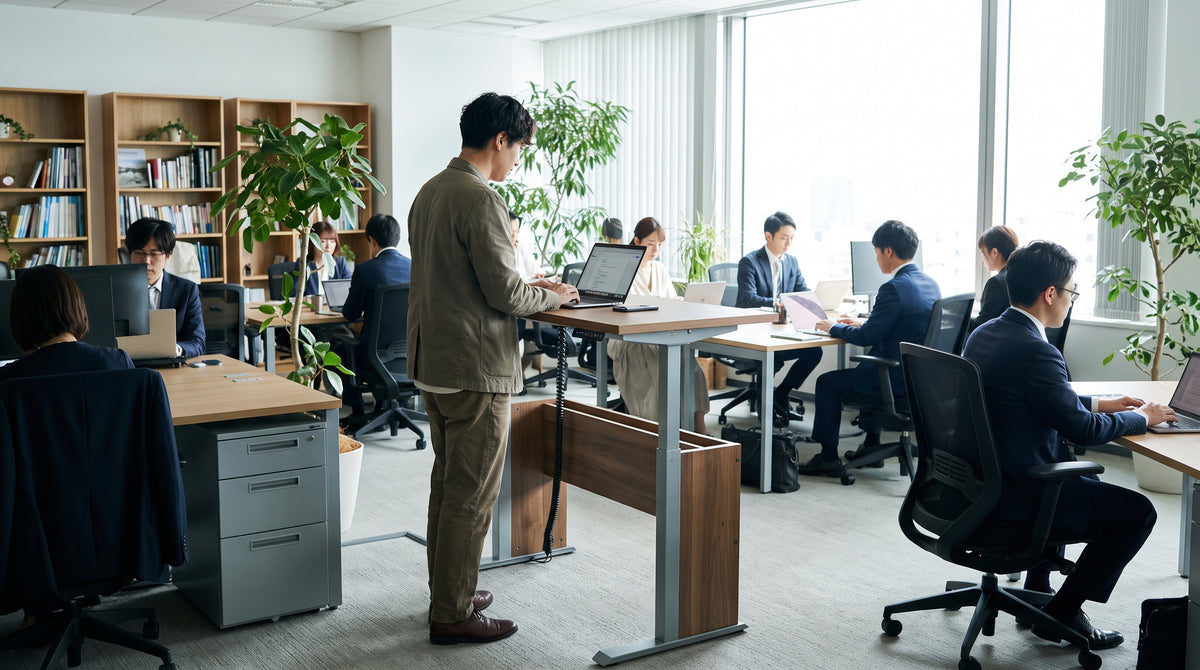 Person standing at a standing desk in an office, wide shot, daylight