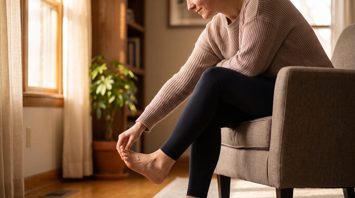 Woman stretching foot on armchair at home — plantar fasciitis healing time
