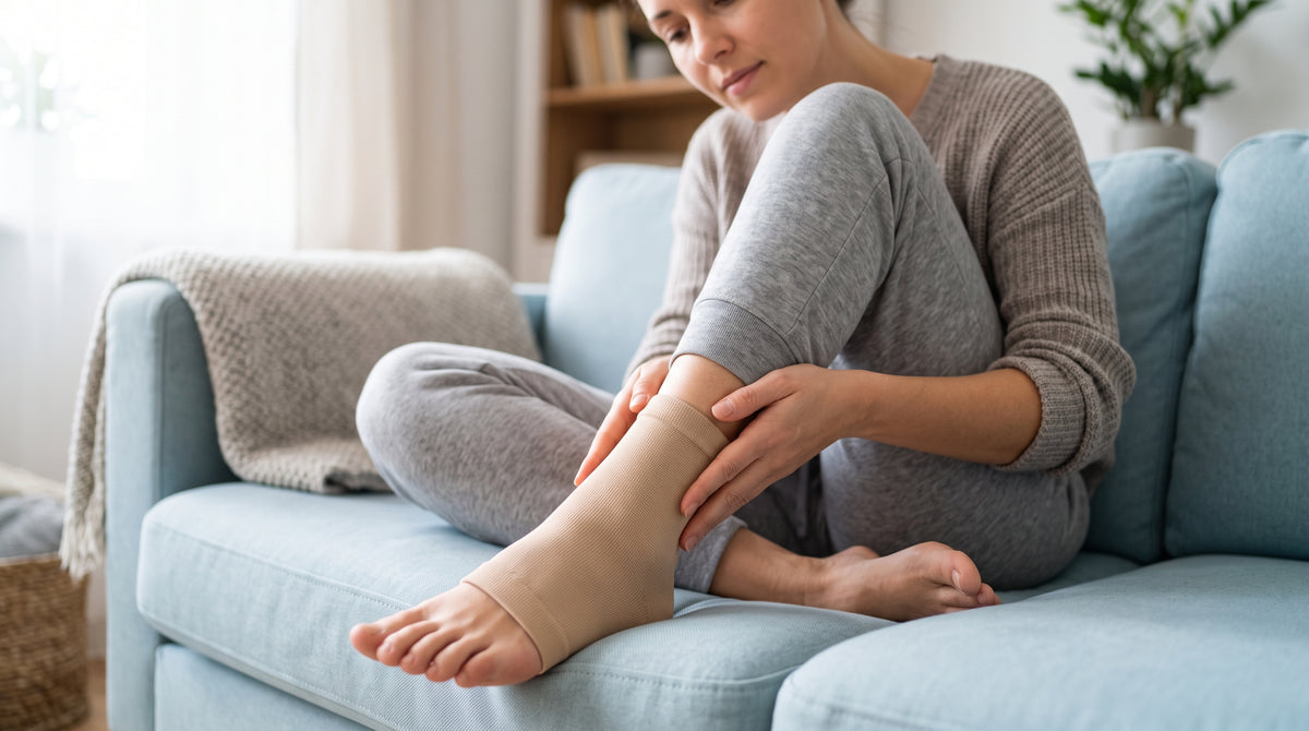 Person touching their bare ankle