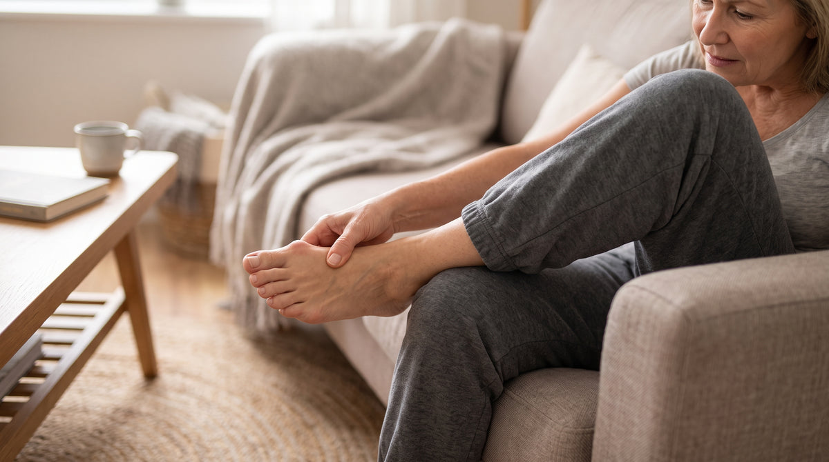 Person touching the side of their foot near a bunion