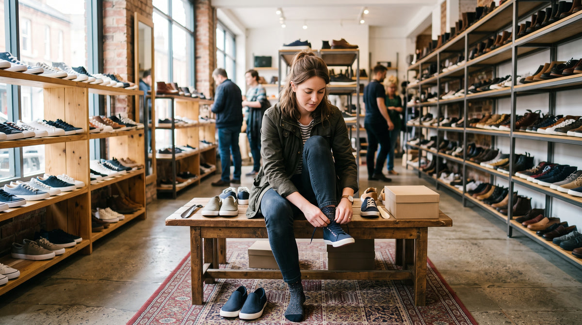 Person trying on a shoe in a shoe shop