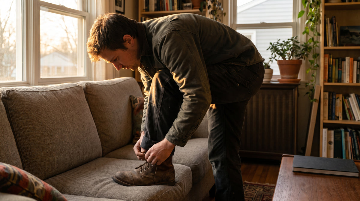 Person sitting on a sofa at home unlacing work sneakers after a shift, upper body and legs, warm evening light