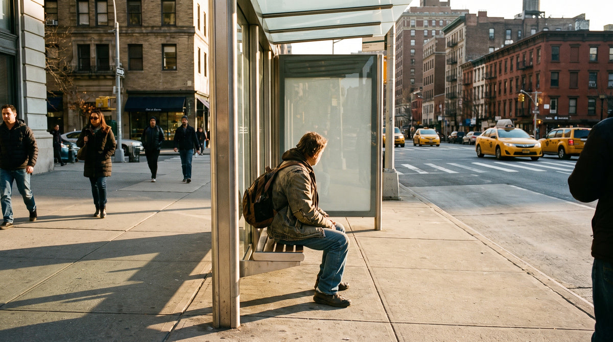 Person waiting at a bus stop on a city sidewalk in late afternoon light