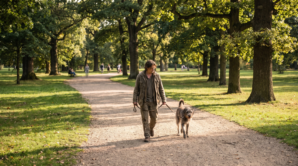 Person walking a dog on a gravel park path