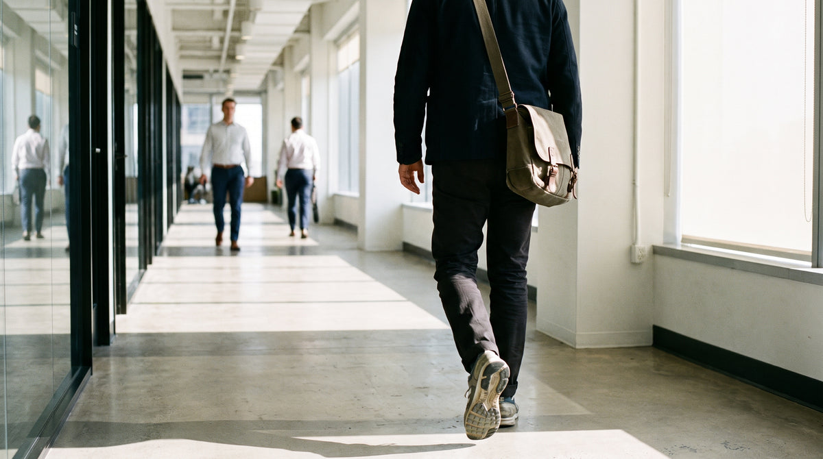 Person in athletic shoes walking along an office corridor