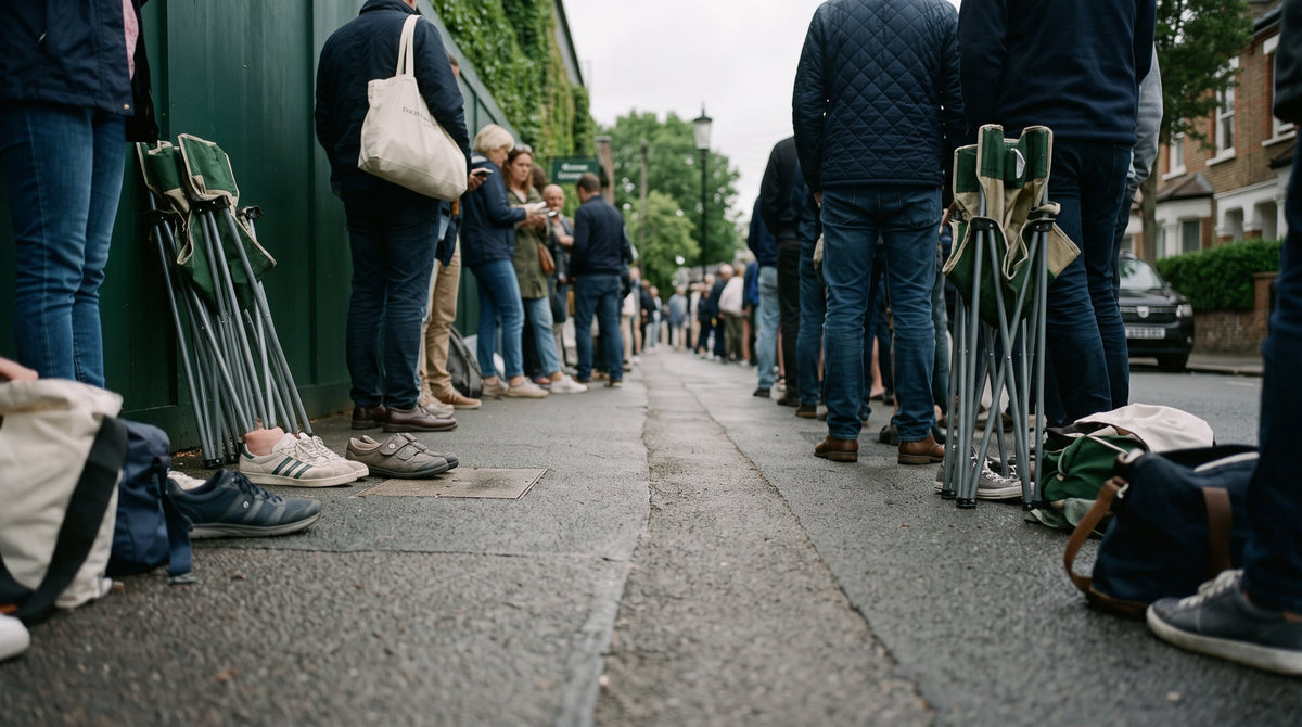 Long queue of people standing on British street outside Wimbledon venue — trainers and flat shoes on pavement, English overcast sky