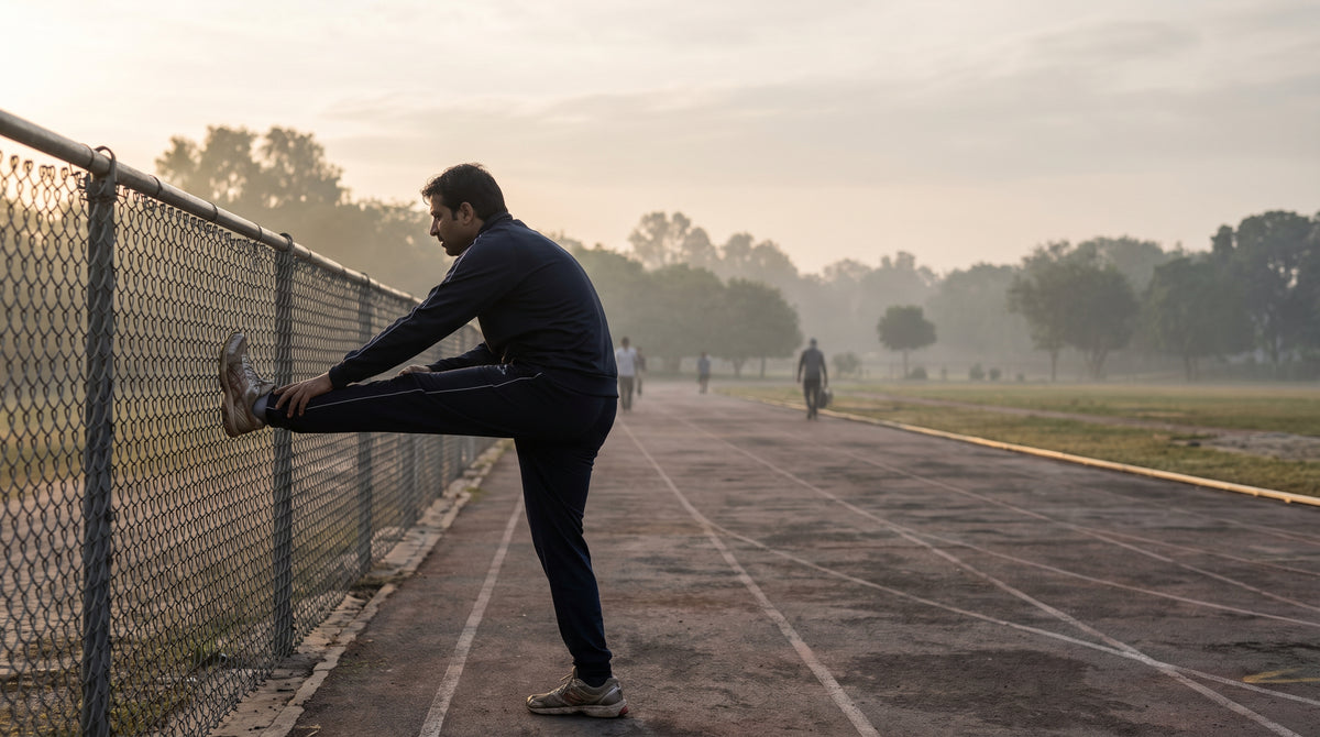 Runner stretching against a fence at an empty running track in the early morning