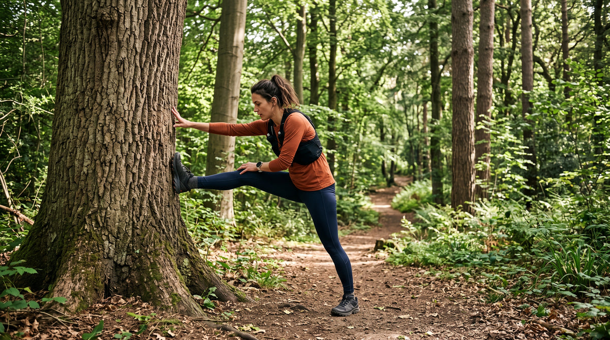 Runner stretching a leg against a tree on a forest trail