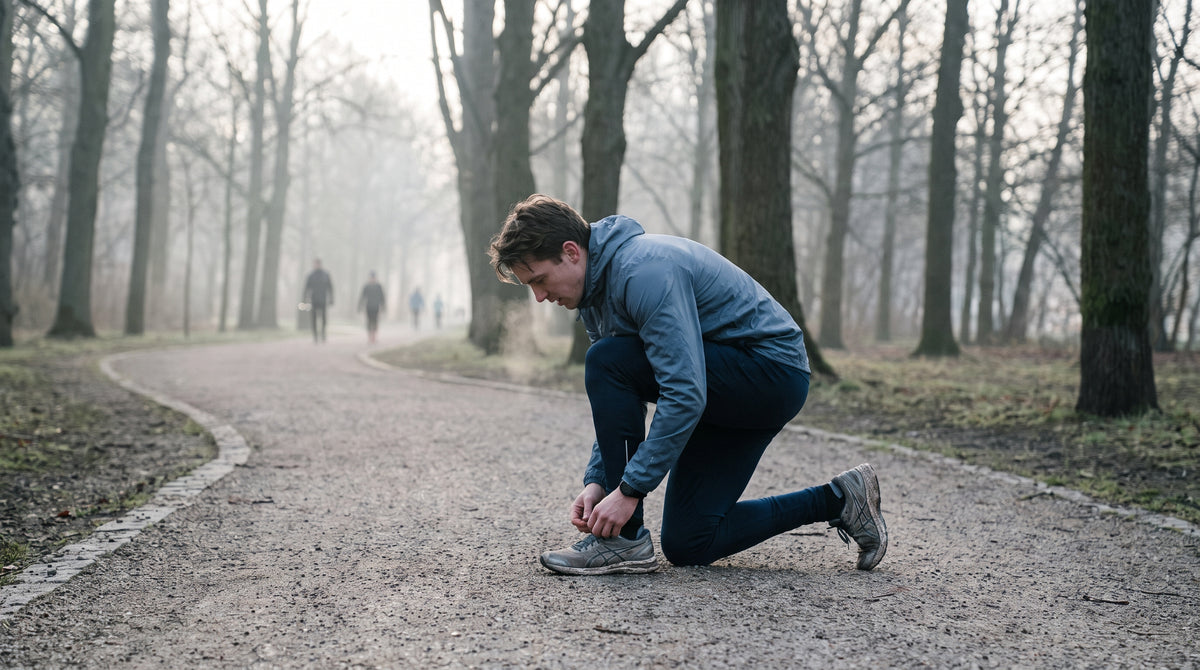 Runner tying a shoelace on a park path in the early morning