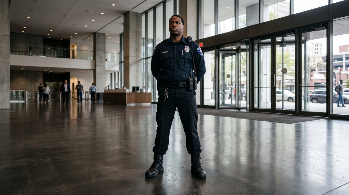 Security guard in uniform standing at post on hard polished concrete floor inside commercial building — best insoles for security guards