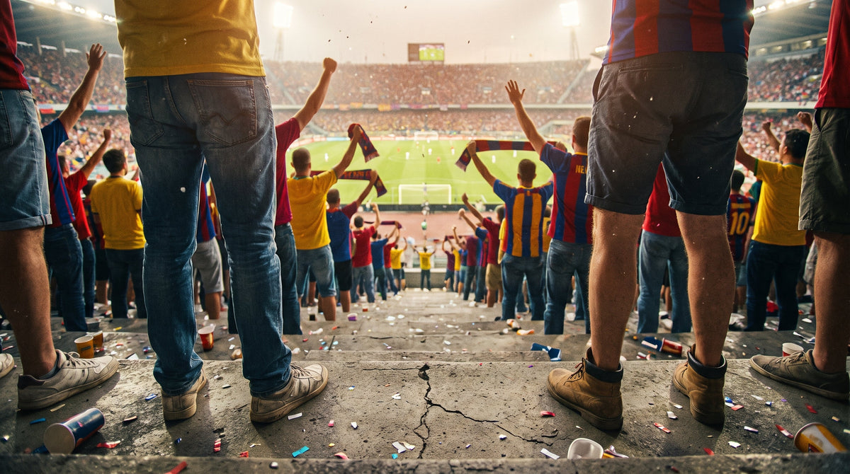 Packed soccer stadium with fans standing on concrete bleacher steps, colorful jerseys, green pitch below — best insoles for World Cup 2026