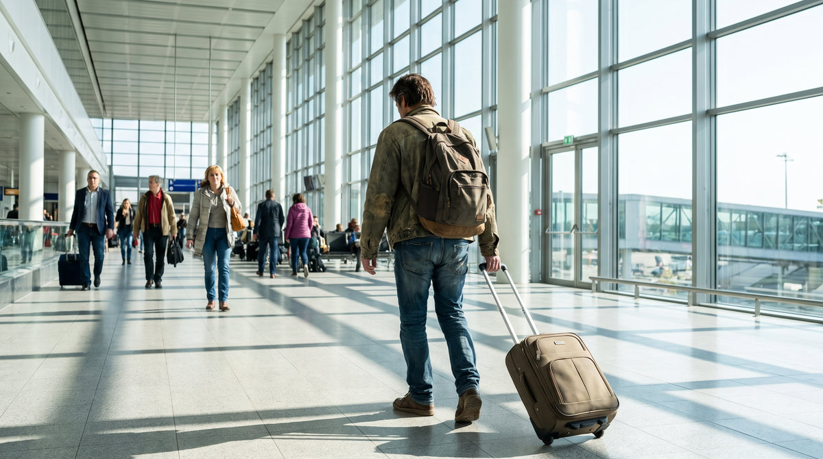 Traveller walking through a bright airport terminal pulling a small suitcase, full body, daylight