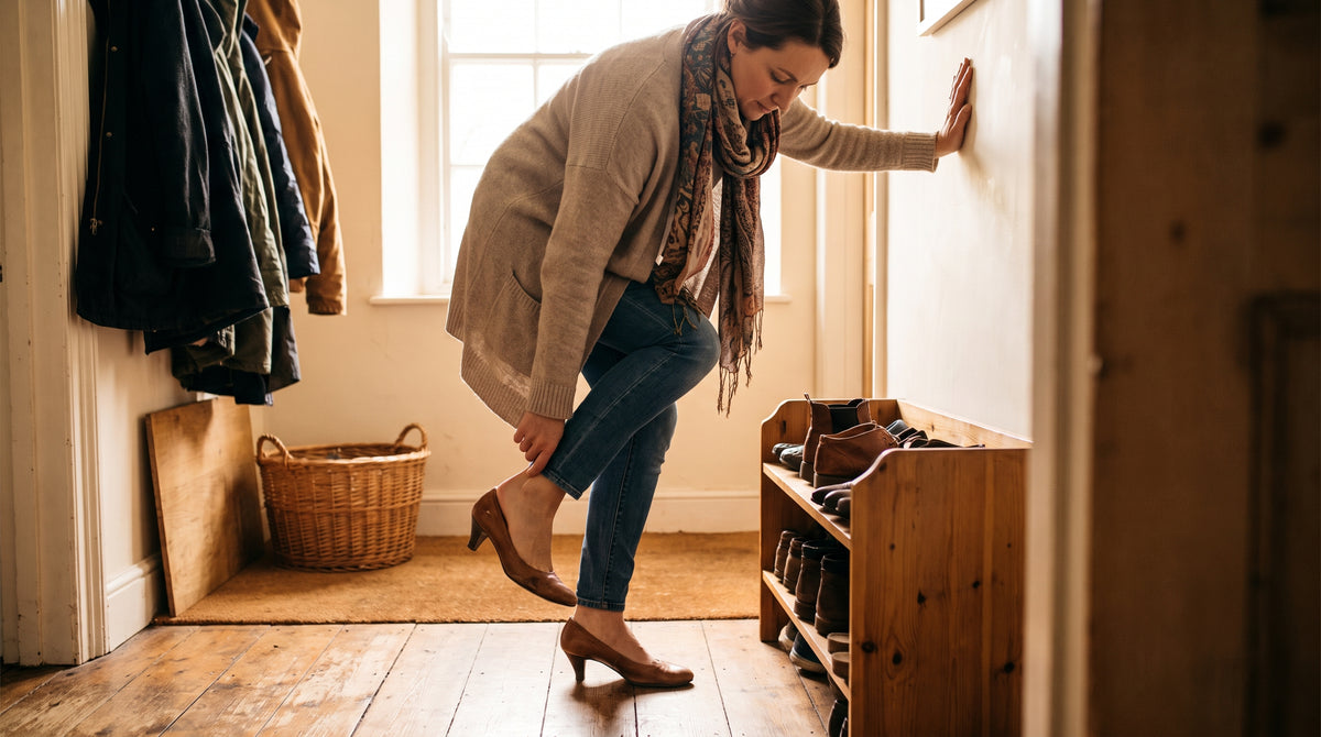 Woman putting on a pointed-toe kitten heel shoe