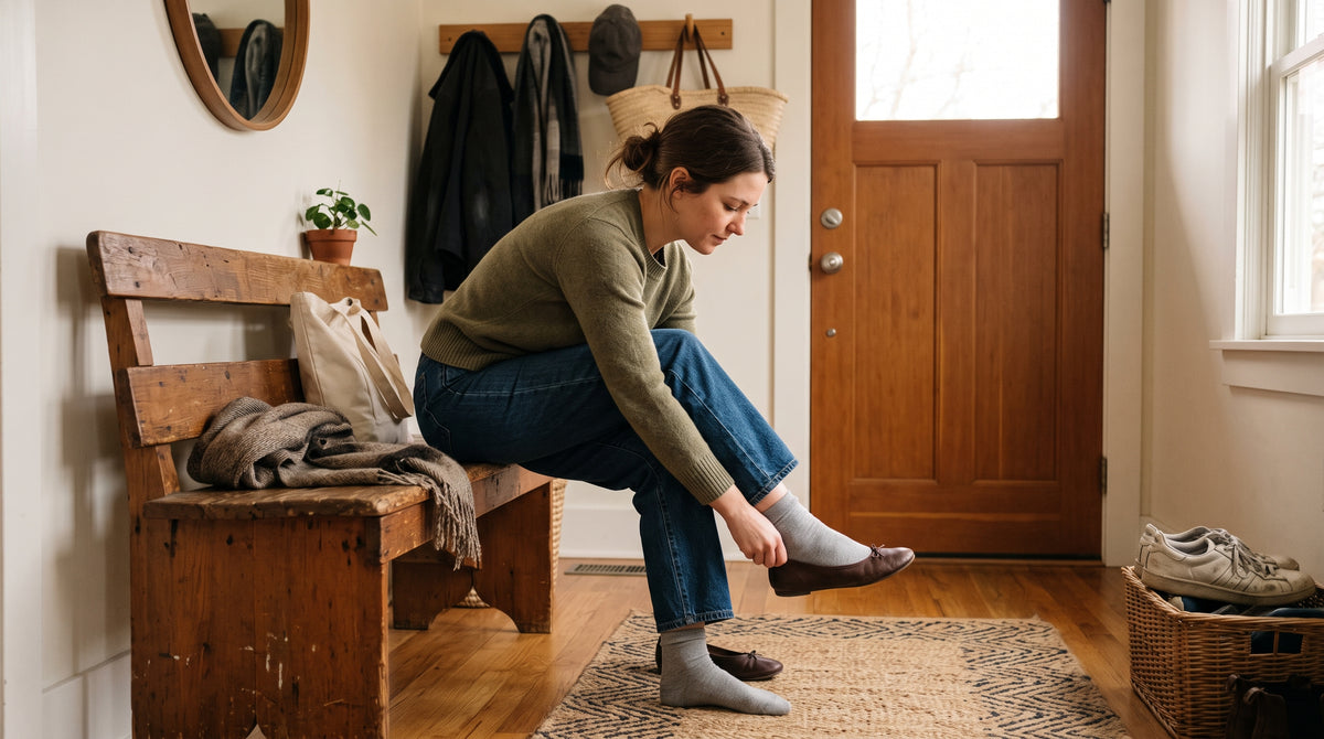 Woman putting on a shoe, pausing near the toe area