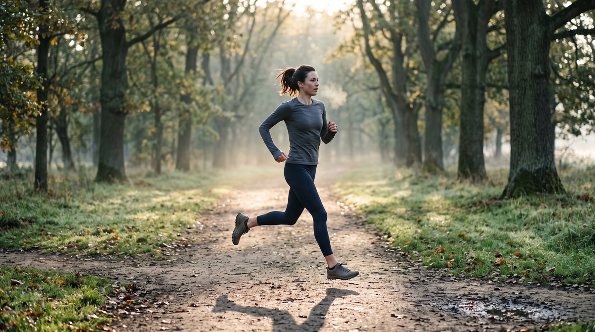 Woman running on a misty park path at dawn