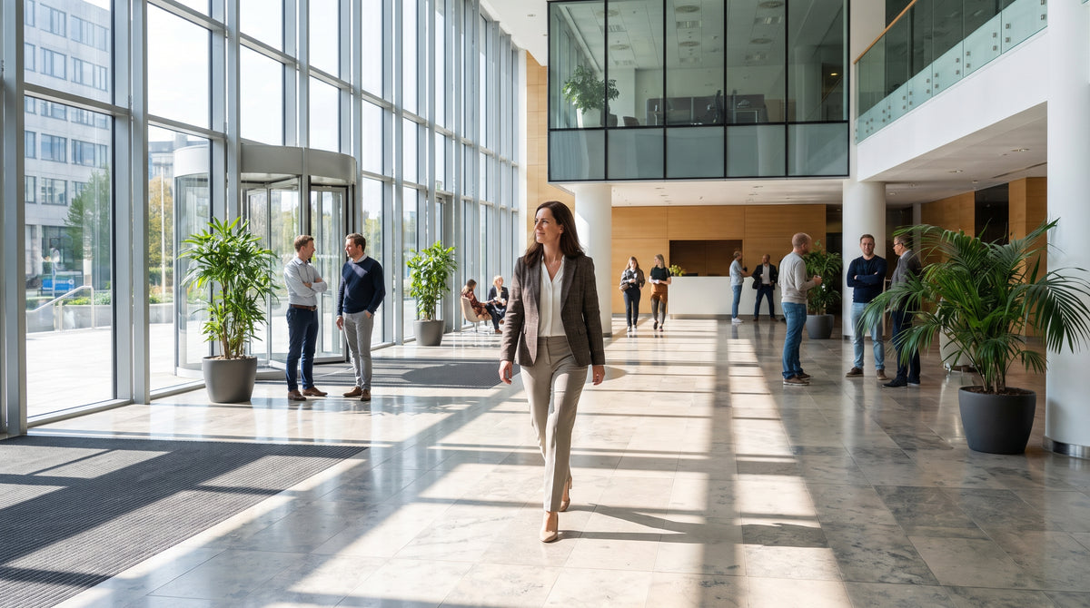 Woman walking across a bright office building lobby