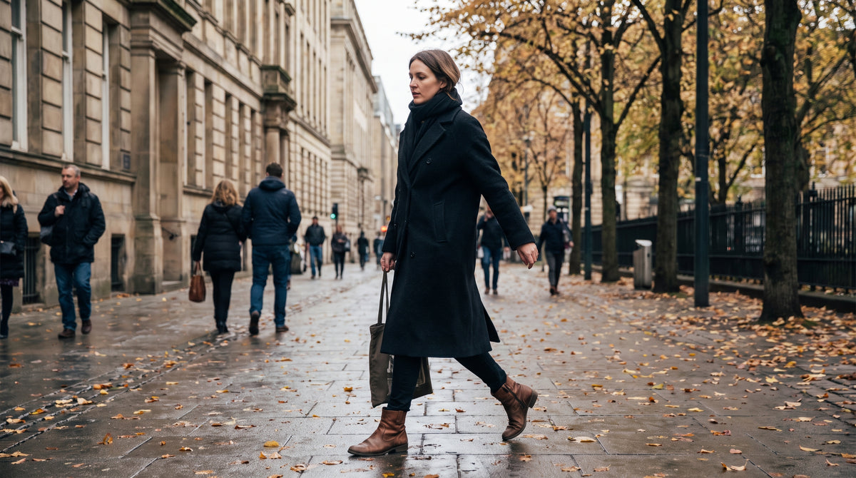 Woman in ankle boots and a coat walking down a city street in autumn, mid-shot