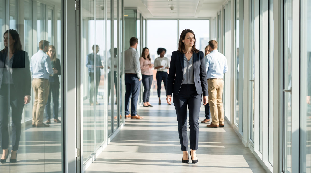 Woman in pumps walking down a bright office corridor