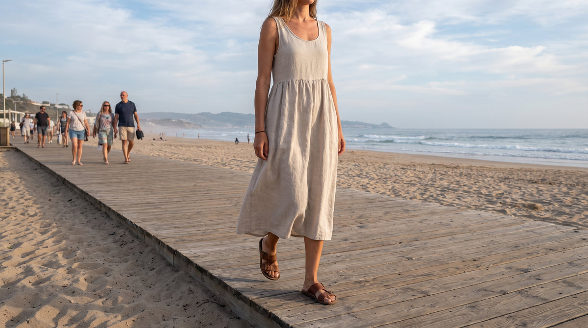 Woman in sandals and a summer dress walking on a seaside boardwalk, wide shot